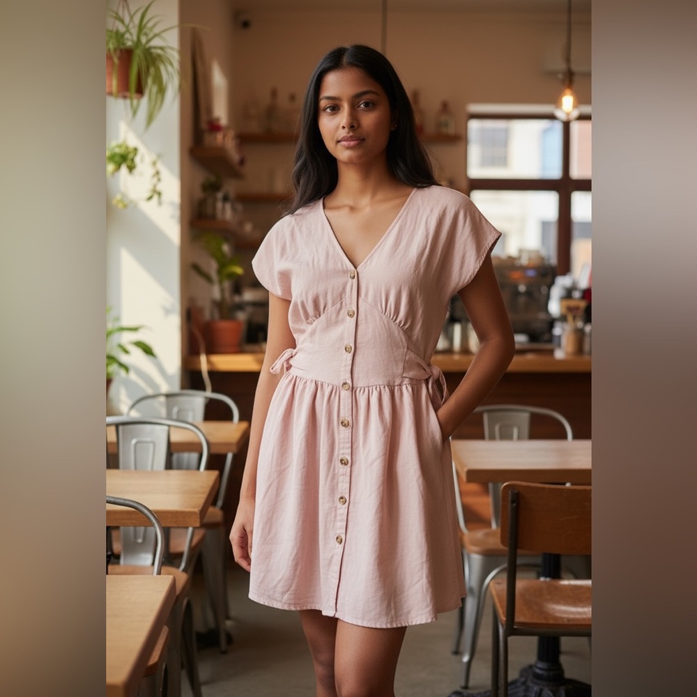 ZARA Pink Button Front Midi Dress Women Soft Girly Cottagecore‎ Feminine Sz XS